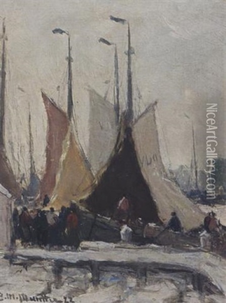 Volendam Harbour In The Snow Oil Painting - Gerhard Arij Ludwig Morgenstjerne Munthe