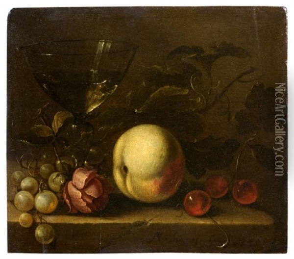 Composition Aux Cerises, Raisins, Rose, Peche Et Verre Sur Un Entablement Oil Painting - Michiel Simons