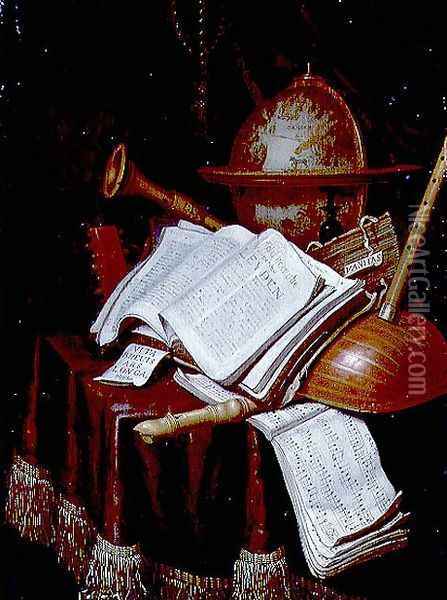 Vanitas with a globe, musical scores and instruments, 1692 Oil Painting - Edwart Collier