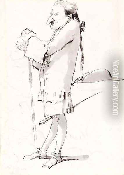 Caricature of a standing cavalier leaning on a staff Oil Painting - Giovanni Battista Tiepolo
