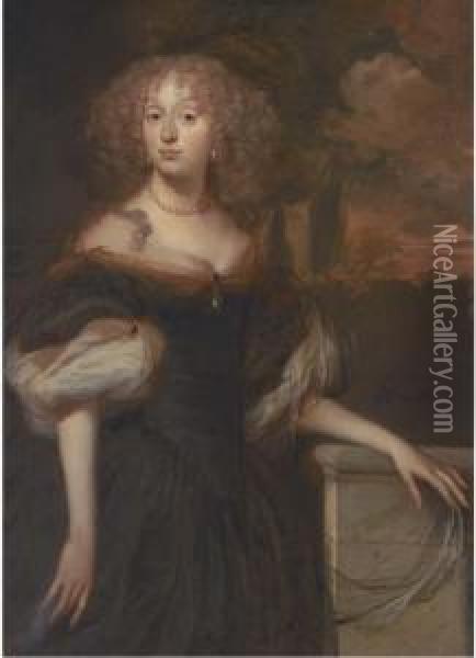 Portrait Of A Lady, Standing Three-quarter-length, Wearing A Pearl Necklace Oil Painting - Pieter Van Anraadt