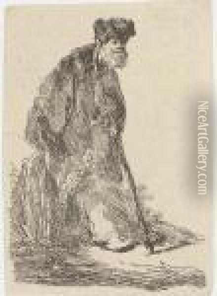 A Man In A Coat And Fur Cap Leaning Against A Bank Oil Painting - Rembrandt Van Rijn