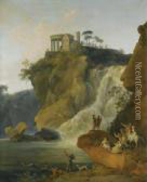 The Waterfalls At Tivoli With Figures Resting And Hunting Oil Painting - Pierre-Jacques Volaire