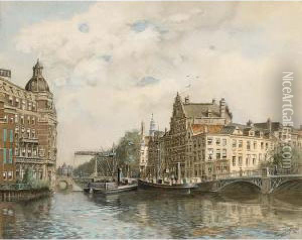 View On The Amstel And The Kloverniersburgwal, Amsterdam Oil Painting - Tinus De Jong