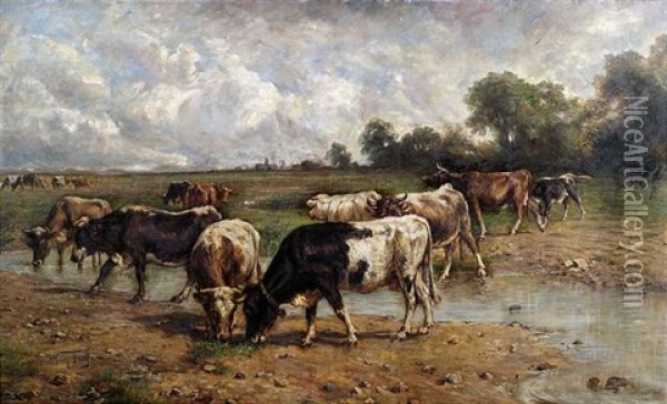 Rinderherde An Einer Wasserstelle In Weiter Landschaft Oil Painting - Wilhelm Friedrich Frey