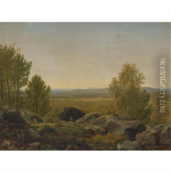 Extensive Landscape With Deer Oil Painting - Jean Joseph Xavier Bidault