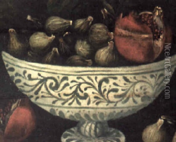 Still Life Of Figs And A Pomegranate In A Blue And White Bowl Oil Painting - Juan Van Der Hamen Y Leon