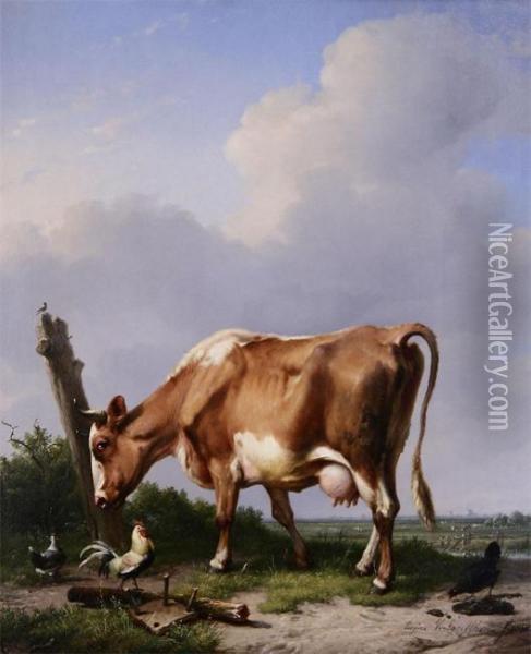 Landscape With Cow, Cock And Chickens Oil Painting - Eugene Verboeckhoven