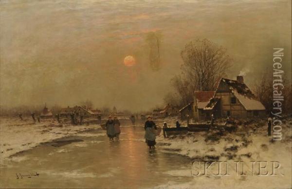 Village Landscape In Winter Oil Painting - Johann Jungblutt