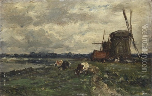 A Polder Landscape With Cows And Windmills Oil Painting - Willem Roelofs