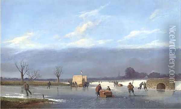 Skaters on a Dutch canal Oil Painting - Pieter Christiaan Cornelis Dommersen