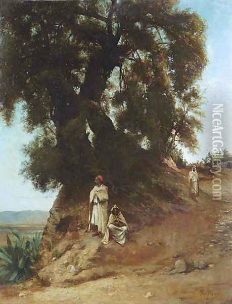 Three Arabs by a Majestic Tree Oil Painting - Jean-Paul Lazergues