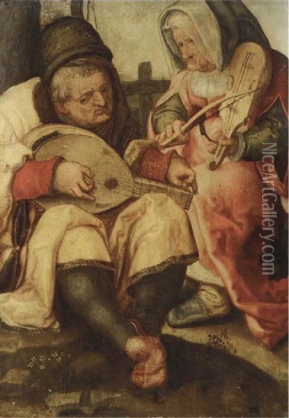An Old Man And Woman Making Music Oil Painting - Lucas Van Leyden