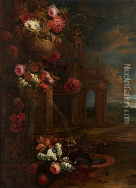 Bouquet De Fleurs Au Perroquet Bouquet De Fleurs A La Fontaine (pair) Oil Painting - Jan-Baptiste Bosschaert