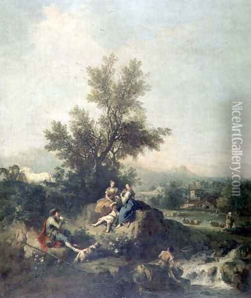 Italianate wooded landscape with a shepherd boy piping to peasant women Oil Painting - Francesco Zuccarelli
