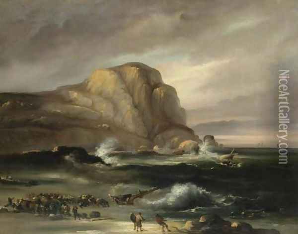 Shipwreck on the beach (Naufragio en la playa) Oil Painting - Jenaro Perez Villaamil