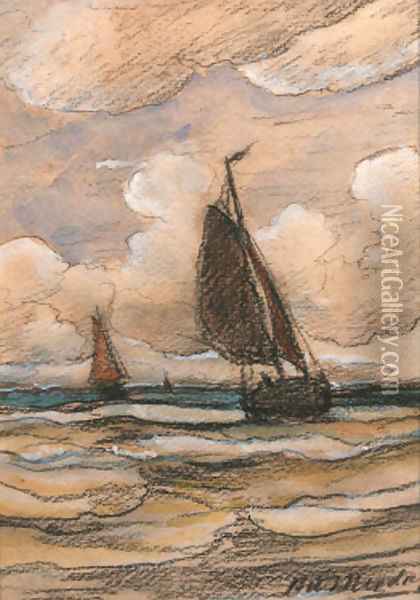 Bomschuiten at sea Oil Painting - Hendrik Willem Mesdag