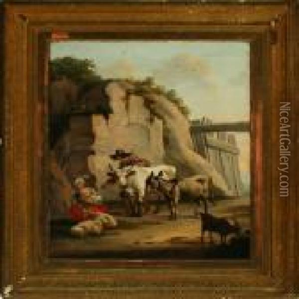 Southern
Landscape With Shepherd And Woman Oil Painting - Nicolaes Berchem