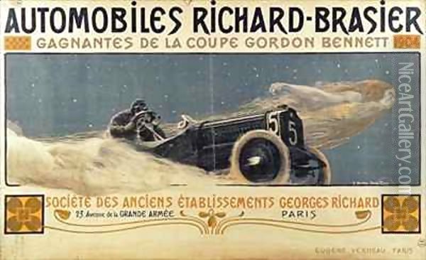 Poster showing Automobiles Richard-Brasier winning the Gordon Bennett Cup Oil Painting - Henri Jules Ferdinand Bellery-Desfontaines