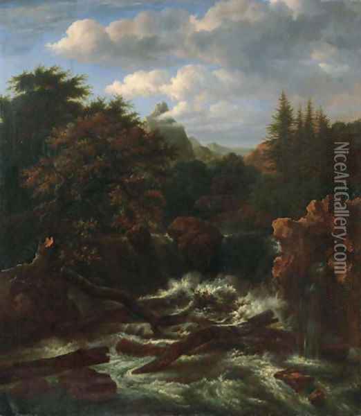 A traveller on a rock by a waterfall in a wooded landscape Oil Painting - Isaak van Ruisdael