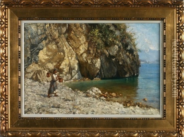 Wassertragerin An Einem Felsigen Ufer Mit Blick Uber Das Wasser Auf Eine Bergkette Oil Painting - Felix Possart