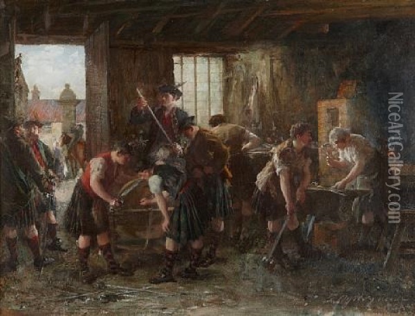 On The Road To Derby, Sharpening Swords Oil Painting - George Ogilvy Reid