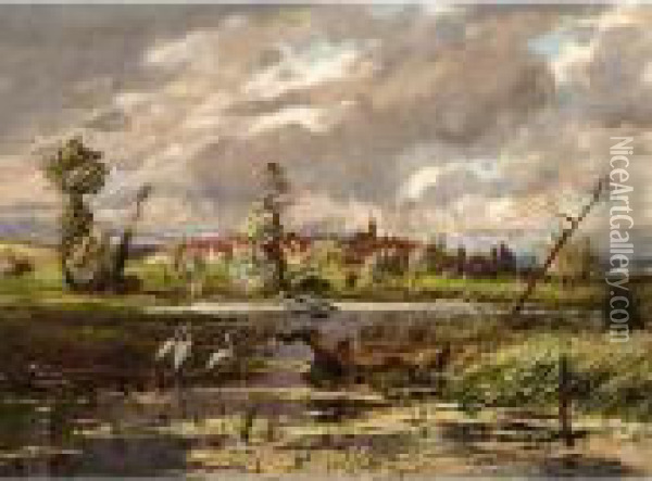 Herons At The Waterside, A Town Beyond Oil Painting - Hans Richard Von Volkmann