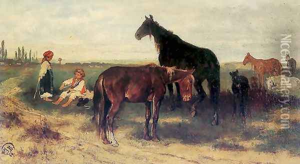 On pasture Oil Painting - Josef von Brandt