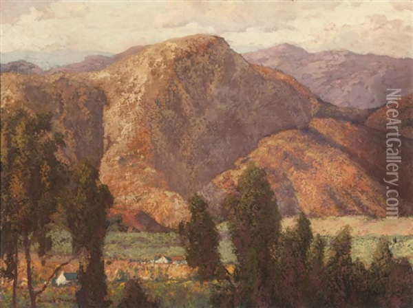 Mountains, Houses Nestled In A California Valley Oil Painting - Maurice Braun