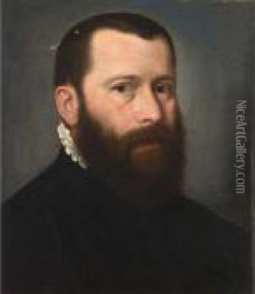 A Portrait Of A Distinguished 
Gentleman, Bust Length, Wearing A Black Coat With A White Collar Oil Painting - Willem Key