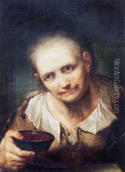 An Old Woman Holding A Bowl Oil Painting - Giuseppe Nogari