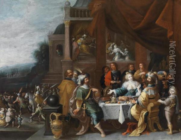 Ahasver And Haman At The Feast Of Esther Oil Painting - Frans II Francken