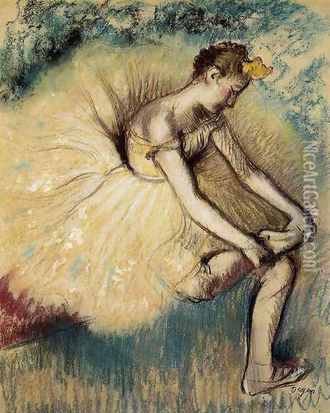 Dancer Putting on Her Slipper Oil Painting - Edgar Degas