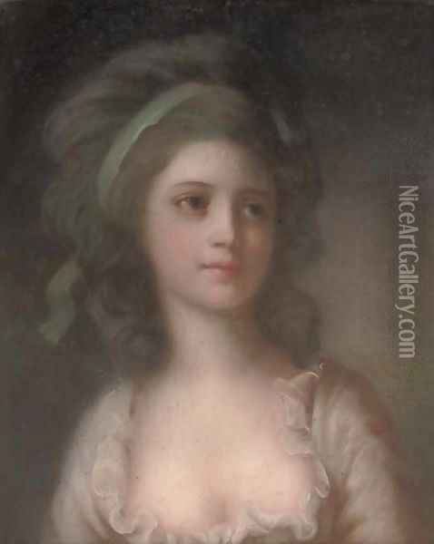 Portrait of a young lady, bust-length, with a blue ribbon in her hair Oil Painting - John Russell