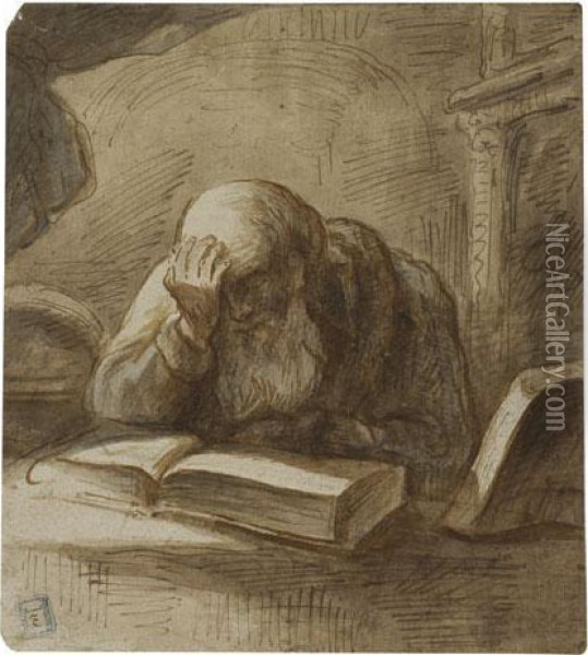 An Old Scholar Seated At A Desk Reading Oil Painting - Rembrandt Van Rijn