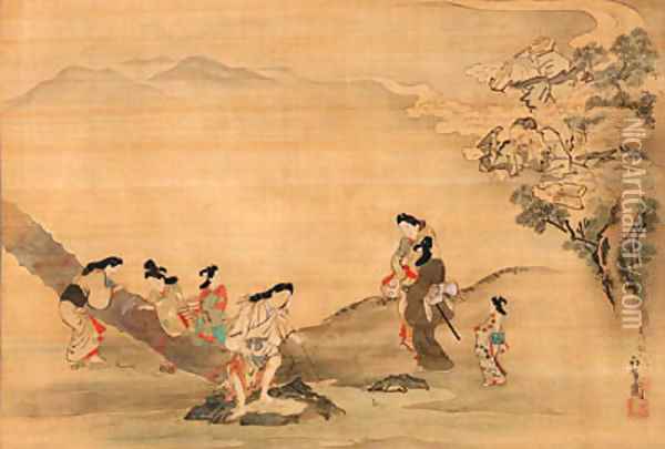 Kume the Transcendent and the Maiden washing at the riverbank Oil Painting - Hishikawa Wao