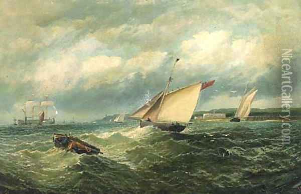 Fishermen drawing in the nets amongst other vessels in the Channel Oil Painting - English School