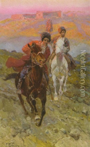 Tscherkessenreiter Bei Abendsonne Im Gebirge Oil Painting - Franz Roubaud