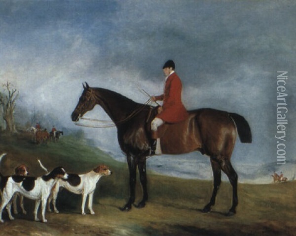 A Gentleman On His Bay Hunter In A Landscape With His Hounds Oil Painting - John Ferneley Jr.