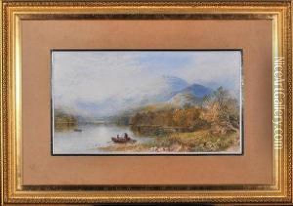 Anglers In A Boat Setting Out From The Bank Of A Lake Oil Painting - Cornelius Pearson