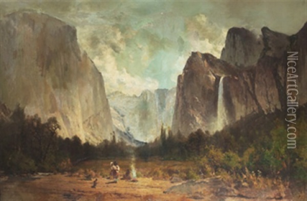 Dalgang I Yosemite Med Rastande Indianer Oil Painting - Thomas Hill