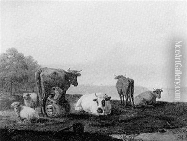 An Estuary With A Milkmaid Milking A Cow On The Flats Oil Painting - Abraham Bruiningh van Worrell