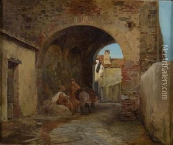 Sudlandische Dorfkulisse Mit Zwei Monchen Am Wegesrand Oil Painting - Pietro Saltini