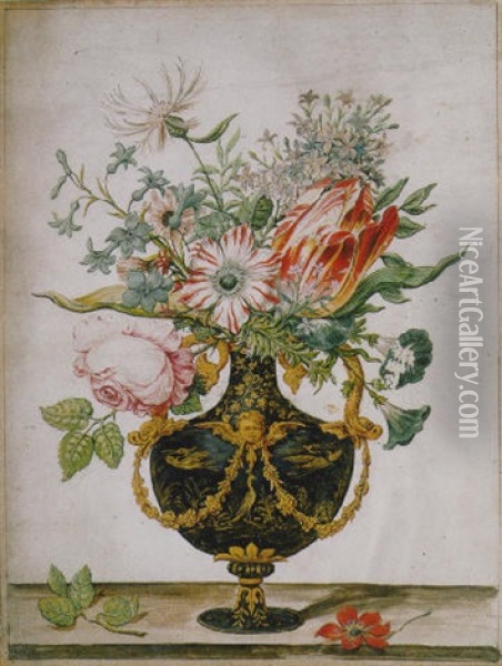 Flowers In A Decorative Urn Oil Painting - Jan Baptist Fornenburgh