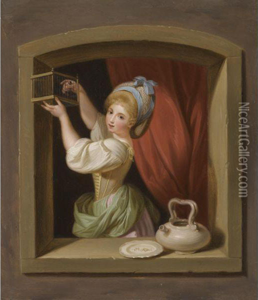 A Young Girl At The Window, Placing A Goldfinch In A Cage Oil Painting - Ludwig Guttenbrunn
