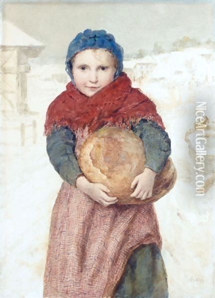 Girl With Loaf Of Bread Oil Painting - Albert Anker