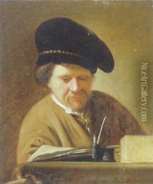 A Man In A Black Cap Reading At A Table Oil Painting -  Rembrandt van Rijn