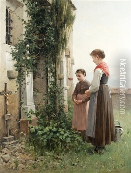 At The Cemetery Oil Painting - Adolf Luben