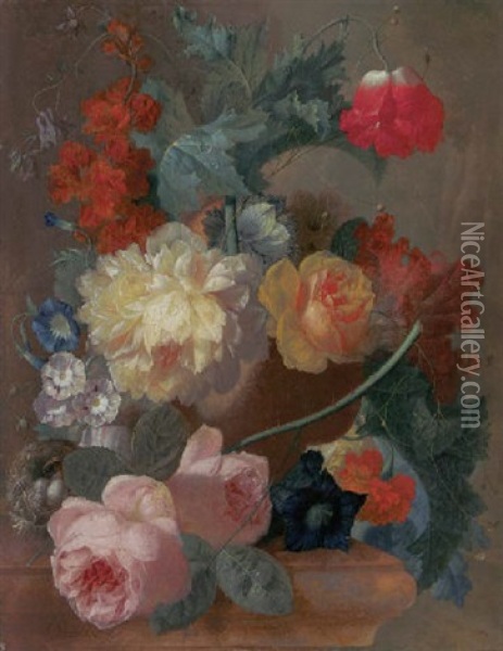 Roses, A Poppy Bougainvillea, Peonies, Morning Glory, Primulas And A Coxcomb In A Terracotta Vase With A Bird's Nest, A Landscape Beyond Oil Painting - Jan van Os