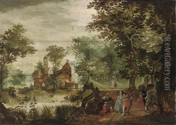 A Wooded River Landscape With Elegant Company, A Castlebeyond Oil Painting - David Vinckboons